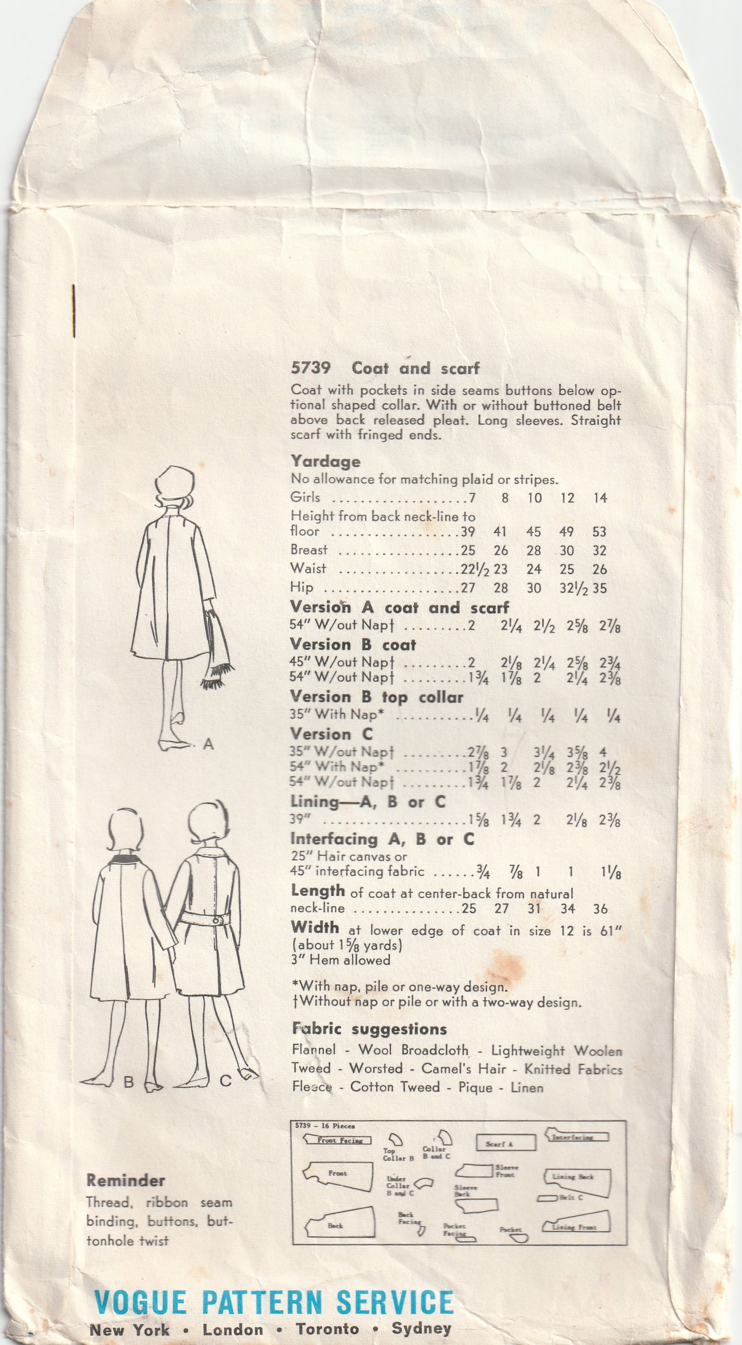 Vogue 5739 Girls Winter Coat & Scarf 1960s Vintage Paper Sewing Pattern Size 10 UNUSED Factory Folded