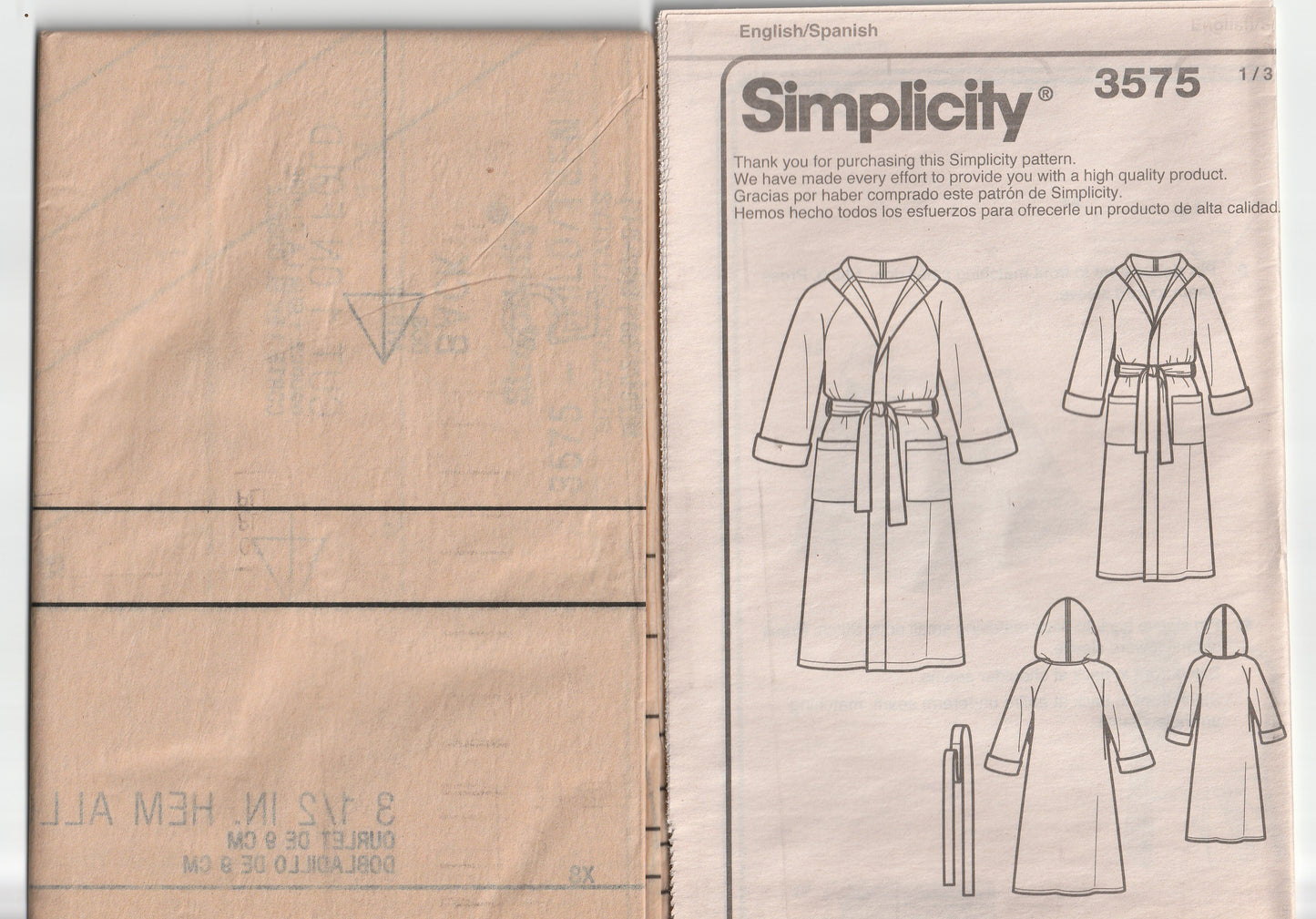 Simplicity 3575 Mens Womens Children's UNISEX Hooded Robe Paper Sewing Pattern Size XS - XL UNCUT Factory Folded