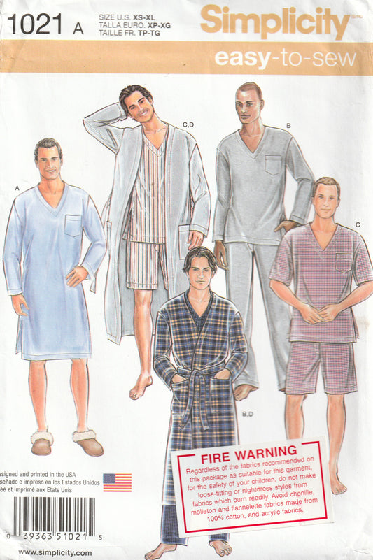 Simplicity 1021 Mens Classic Pyjamas Paper Sewing Pattern Size XS - XL UNCUT Factory Folded