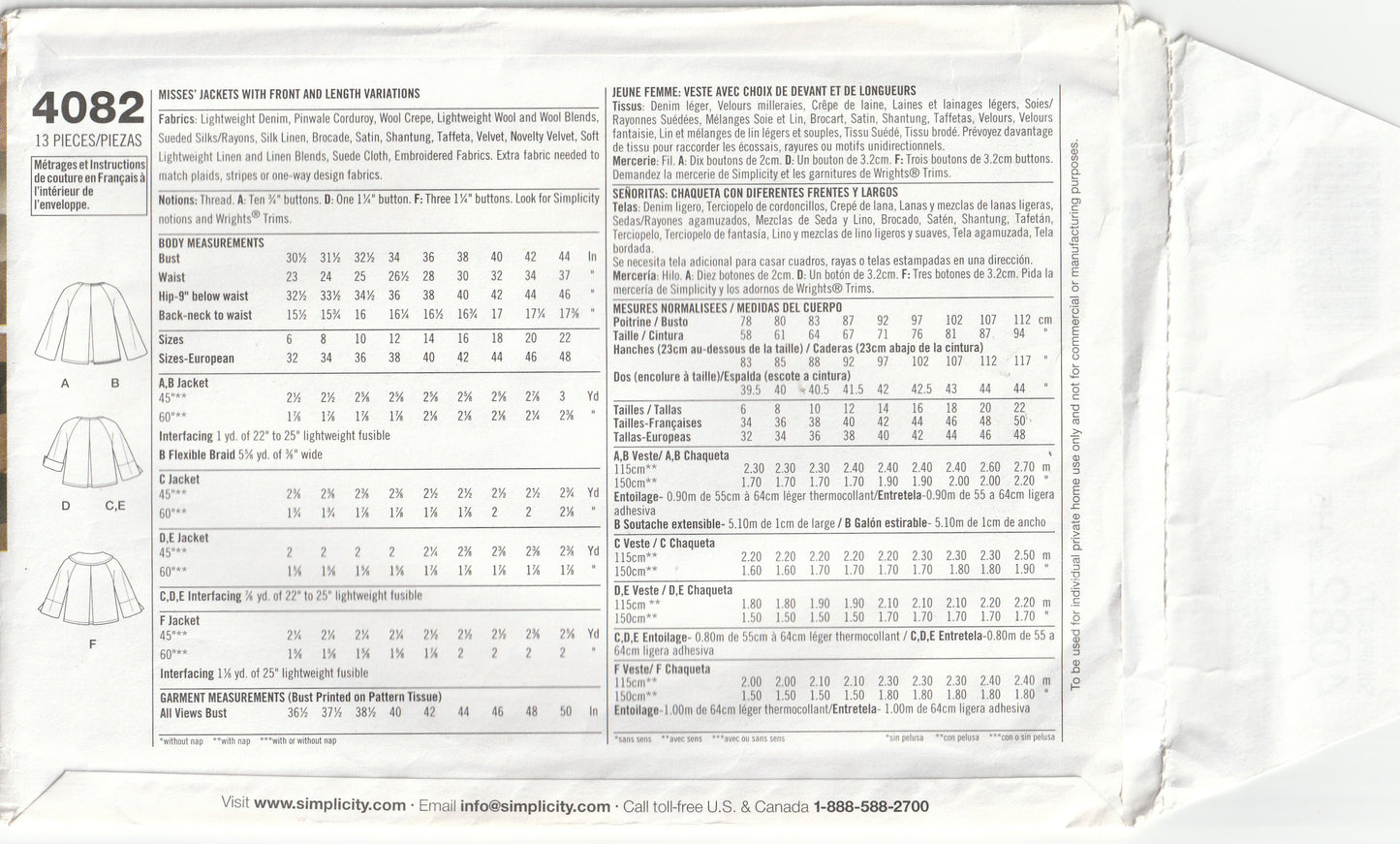 Simplicity 4082 Womens Raglan Sleeved Jackets Out Of Print Paper Sewing Pattern Size 6 - 14 UNCUT Factory Folded