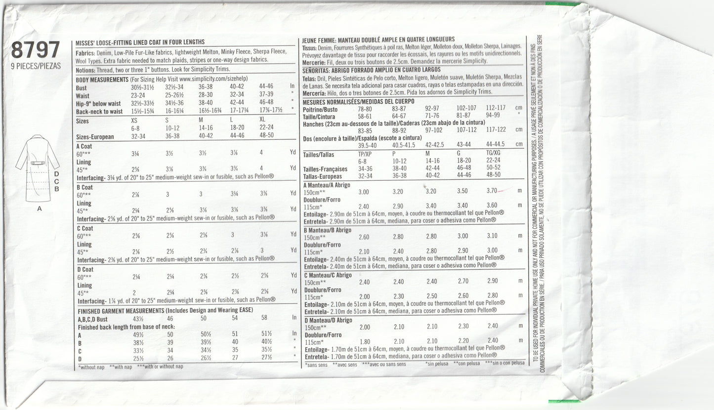 Simplicity 8797 Womens Wide Lapel Coat & Jacket Out Of Print Paper Sewing Pattern Sizes XS - XL UNCUT Factory Folded
