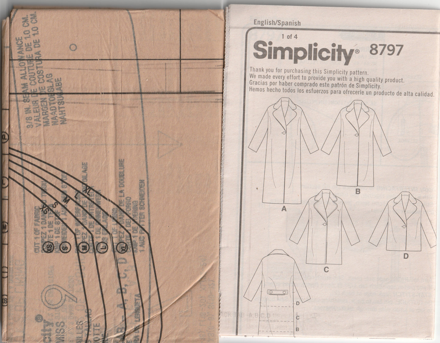 Simplicity 8797 Womens Wide Lapel Coat & Jacket Out Of Print Paper Sewing Pattern Sizes XS - XL UNCUT Factory Folded