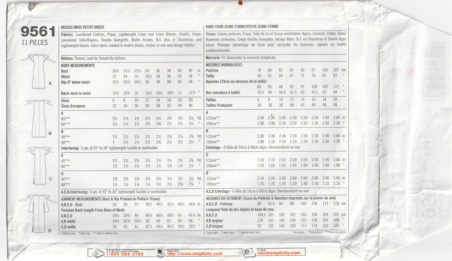 Simplicity 9561 Womens Easy Shift Dress with Neck Ties Out Of Print Paper Sewing Pattern Size 6 - 12 UNCUT Factory Folded