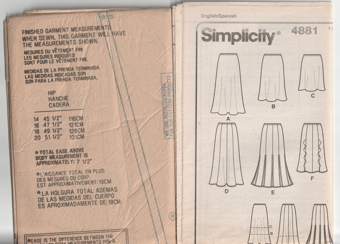 Patrón de costura de faldas con corte al bies y con flecos para mujer Simplicity 4881, sin cortar, dobladas de fábrica, talla 14-20