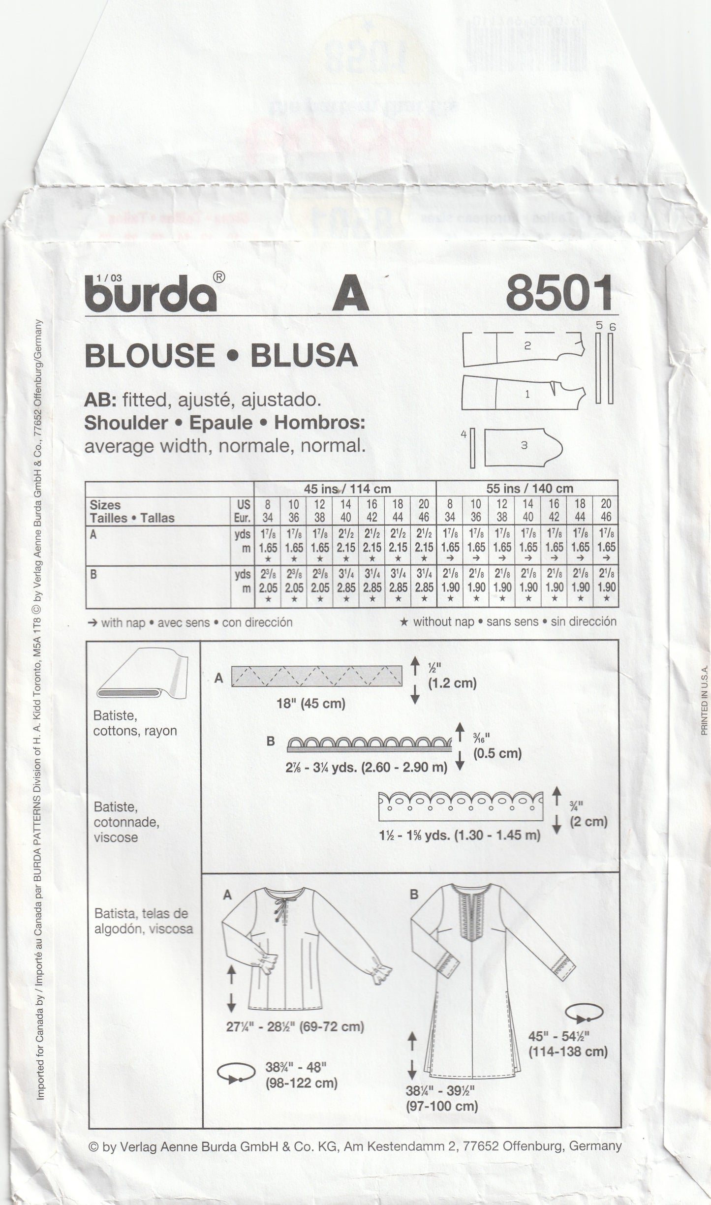 Burda 8501 Womens EASY Pullover Caftan Style Top & Tunic Out Of Print Paper Sewing Pattern Sizes 8 - 20 UNCUT Factory Folded