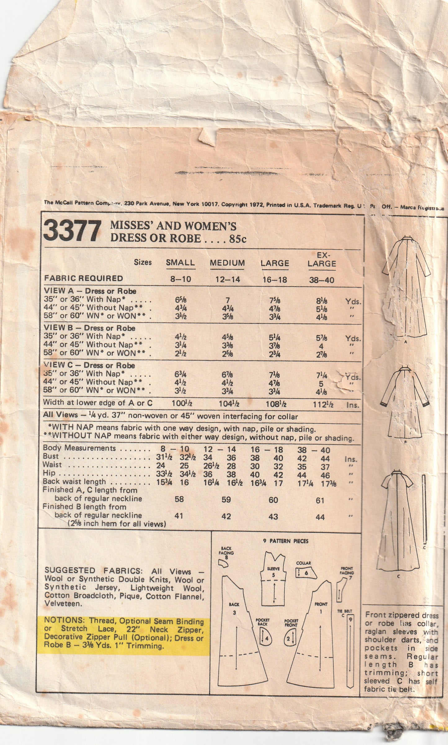 McCall's 3377 Womens Raglan Sleeved Wide Collar Zip Front Dress or Robe 1970s Vintage Paper Sewing Pattern Bust 34 - 36 inches