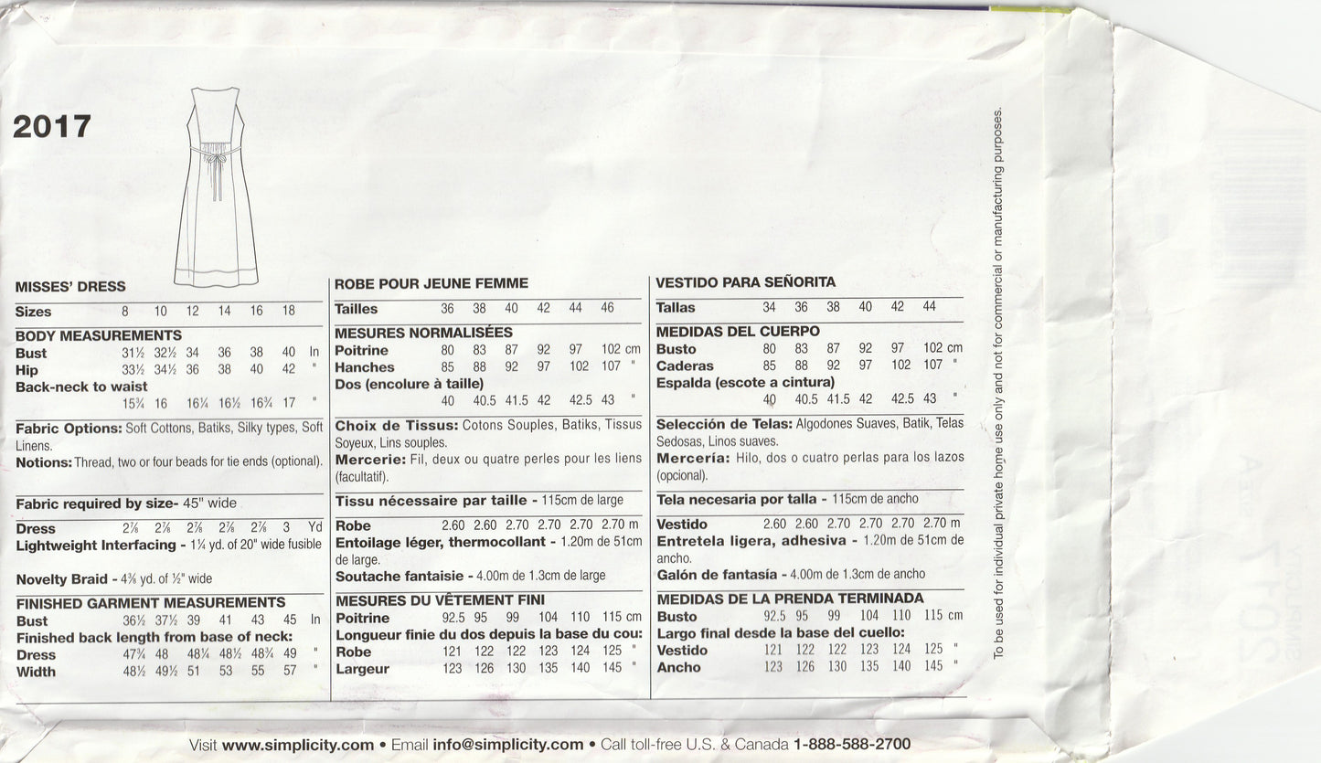 Simplicity 2017 Womens EASY Pullover Yoked Dress Out Of Print Paper Sewing Pattern Size 8 - 18 UNCUT Factory Folded