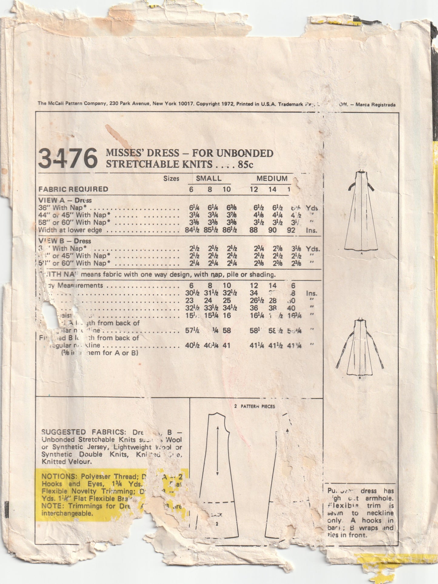 McCall's 3476 Womens EASY Stretch Knit Tent Dress with Trim & Ties 1970s Vintage Paper Sewing Pattern Sizes 6 - 16