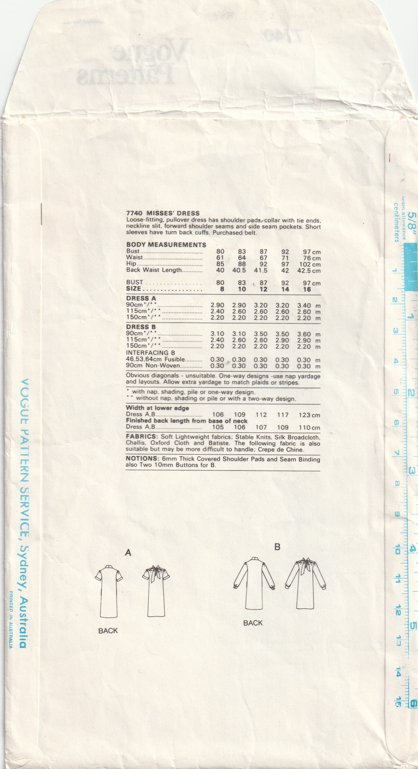 Very Easy Vogue 7740 Womens Slim Pullover Dress with Necktie & Pockets 1980s Vintage Paper Sewing Pattern Size 14 Bust 36 Inches