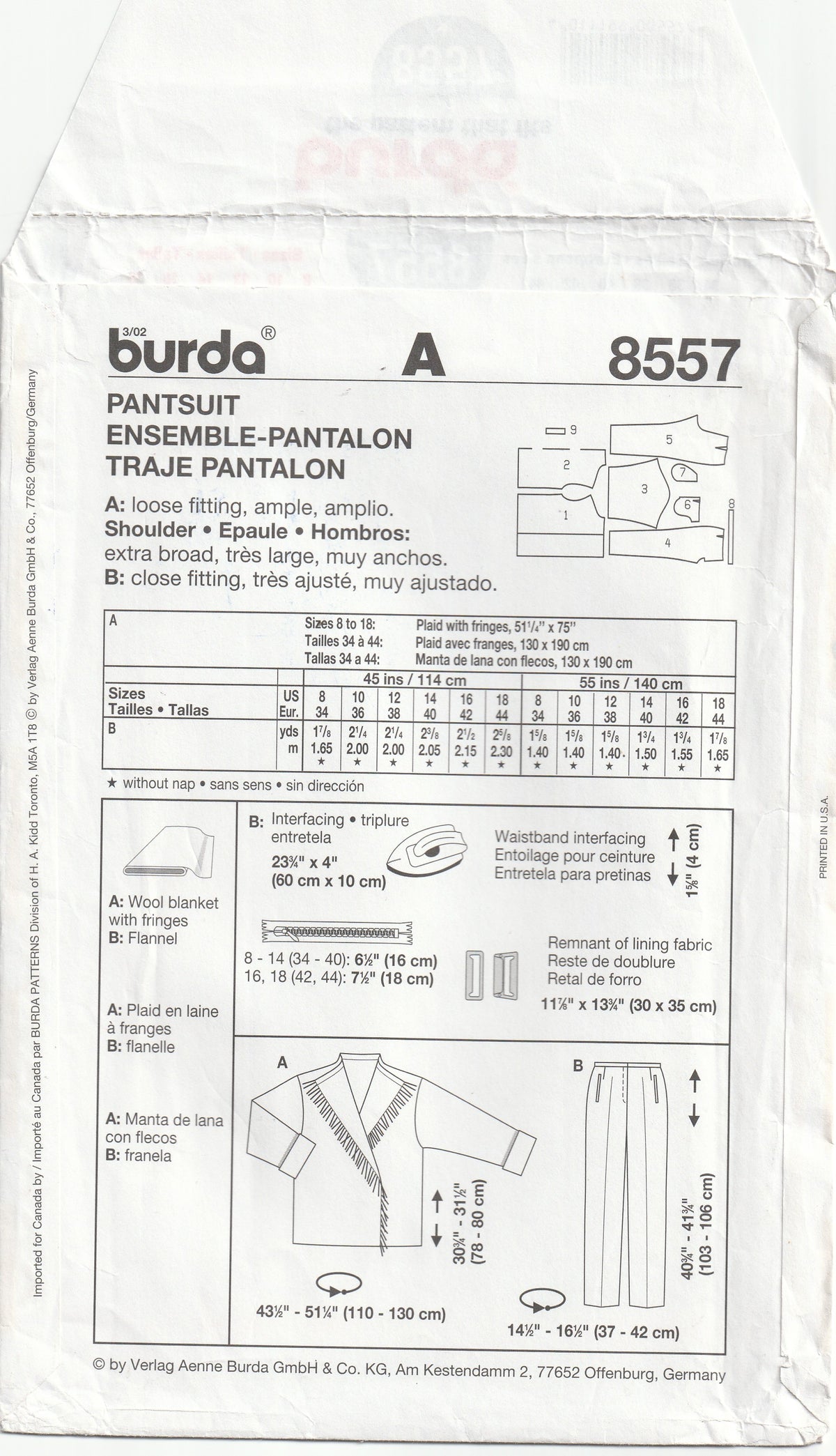 Burda 8557 Womens Blanket Wrap Coat & Pants 1990s Vintage Paper Sewing ...