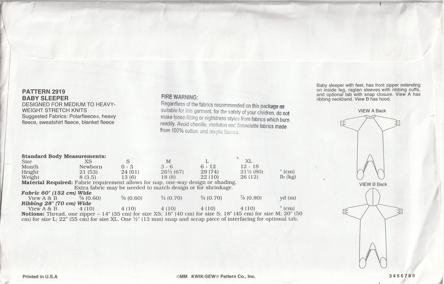 Kwik Sew 2919 Baby Toddler Boys or Girls Stretch Knit Zip Front Sleeper Suit Out Of Print Paper Sewing Pattern Size Newborn - 18 Months UNCUT Factory Folded