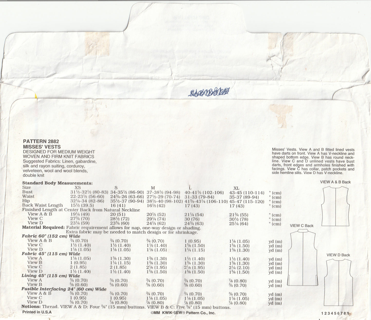 Kwik Sew 2882 Womens Lined or Unlined Vests Out Of Print Paper Sewing Pattern Size XS - XL UNCUT Factory Folded