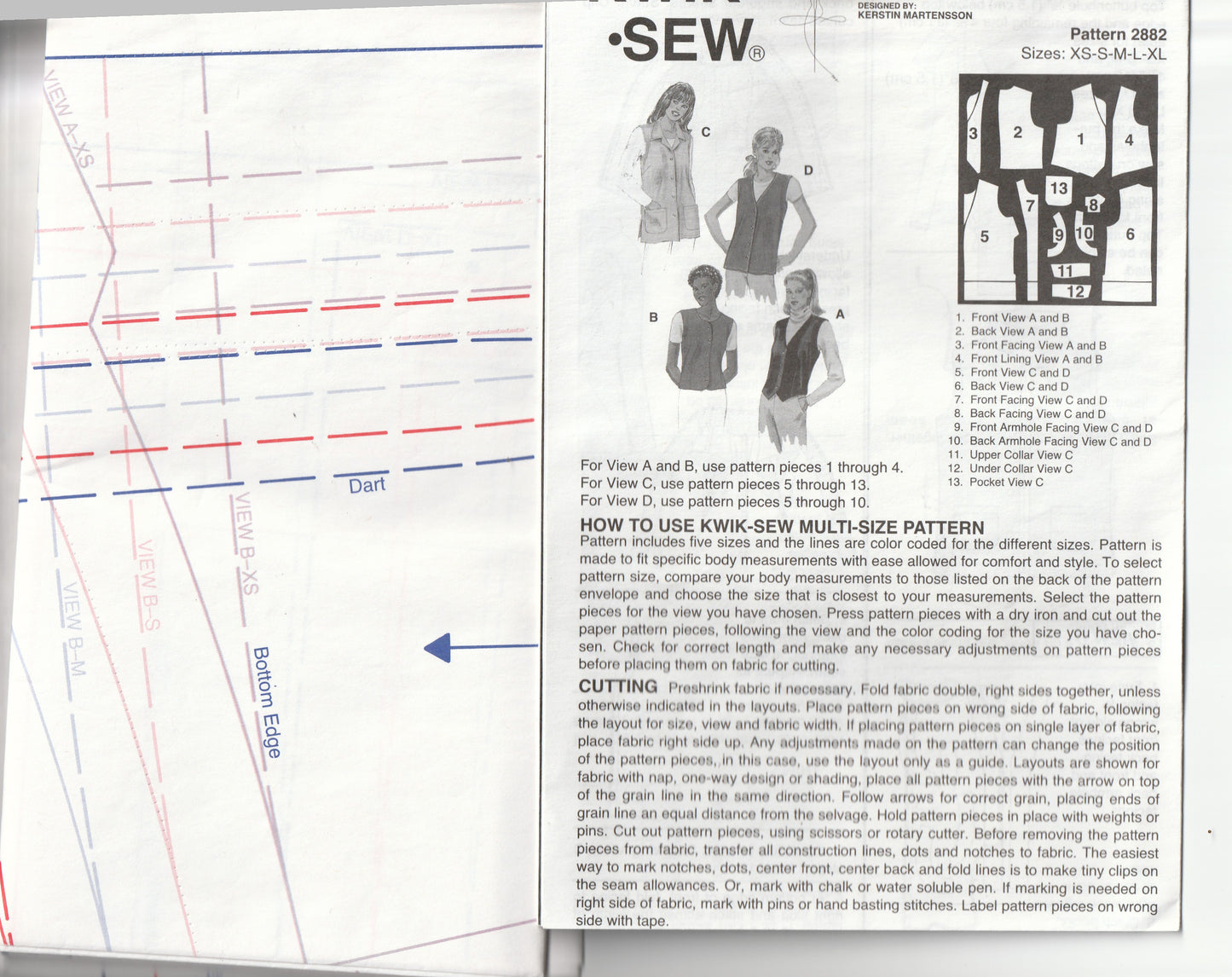 Kwik Sew 2882 Womens Lined or Unlined Vests Out Of Print Paper Sewing Pattern Size XS - XL UNCUT Factory Folded