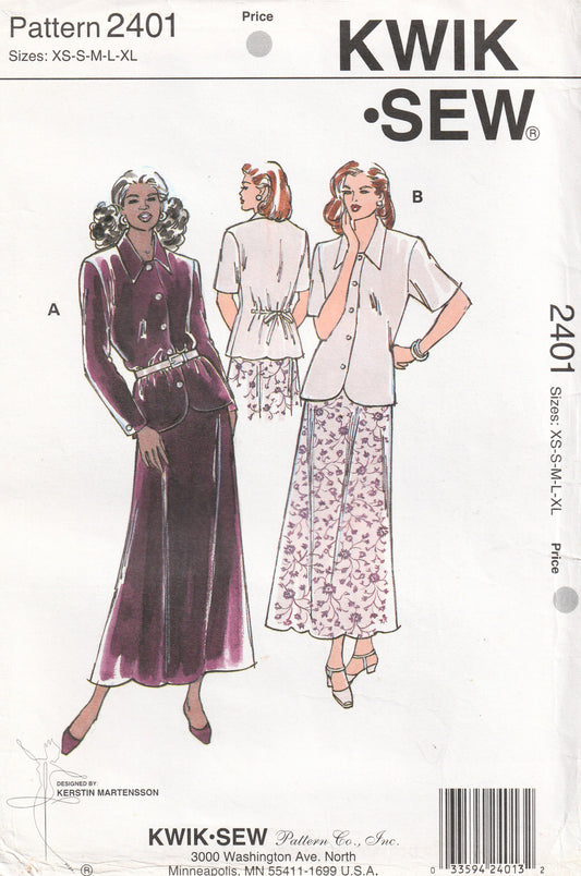 Kwik Sew 2401 Womens Peplum Effect Shirt Jacket & Flared Bias Cut Skirt 1990s Vintage Paper Sewing Pattern Size XS - XL UNCUT Factory Folded