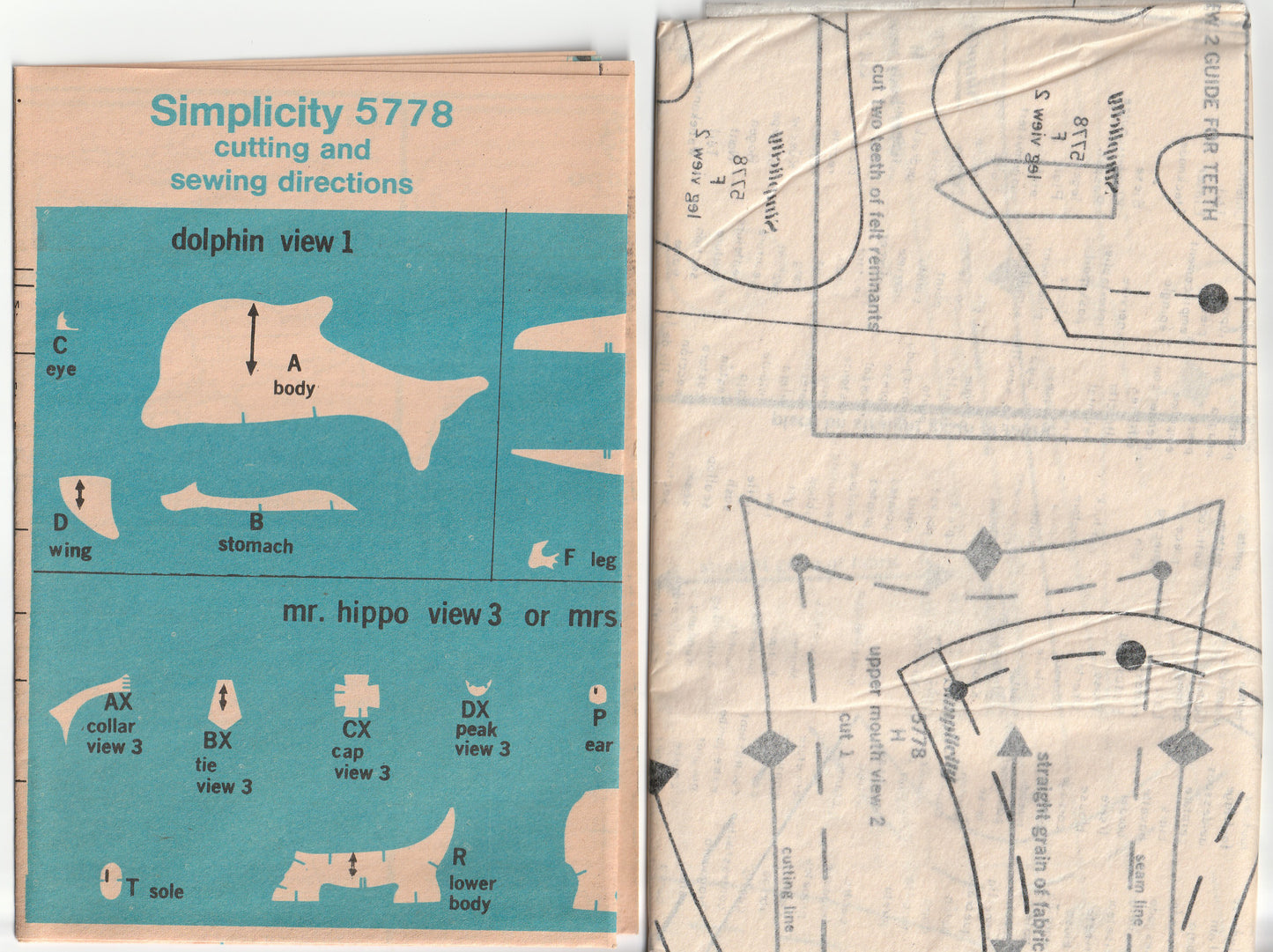 Simplicity 5778 Retro Stuffed Soft Toys Dolphin Hippo & Alligator 1970s Vintage Paper Sewing Pattern UNCUT Factory Folded