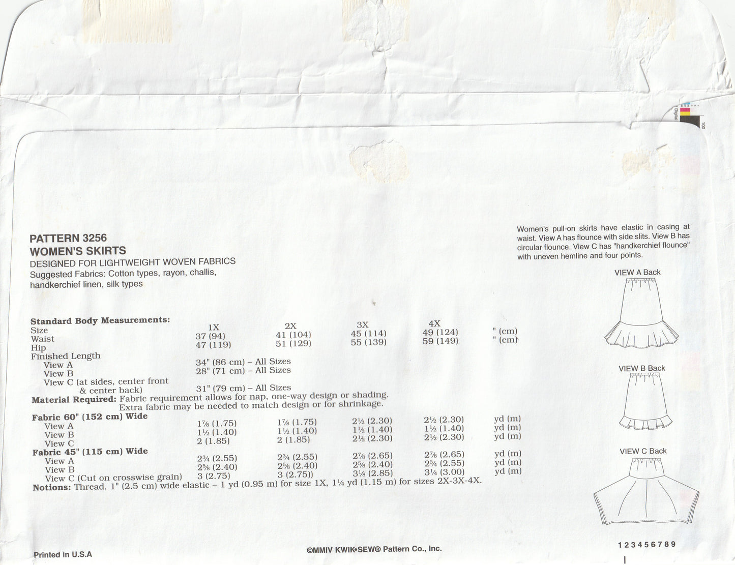 Kwik Sew 3256 Womens Pull On Skirts with Hem Variations Out Of Print Paper Sewing Pattern Size 1X - 4X UNCUT Factory Folded
