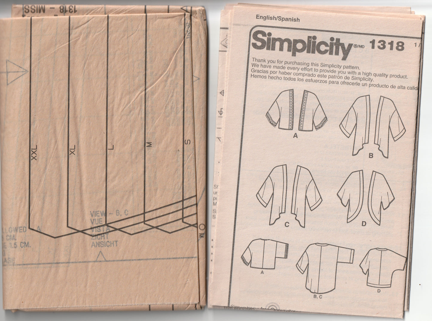 Simplicity 1318 Womens EASY Kimono Style Jackets Paper Sewing Pattern Sizes XXS - XXL UNCUT Factory Folded