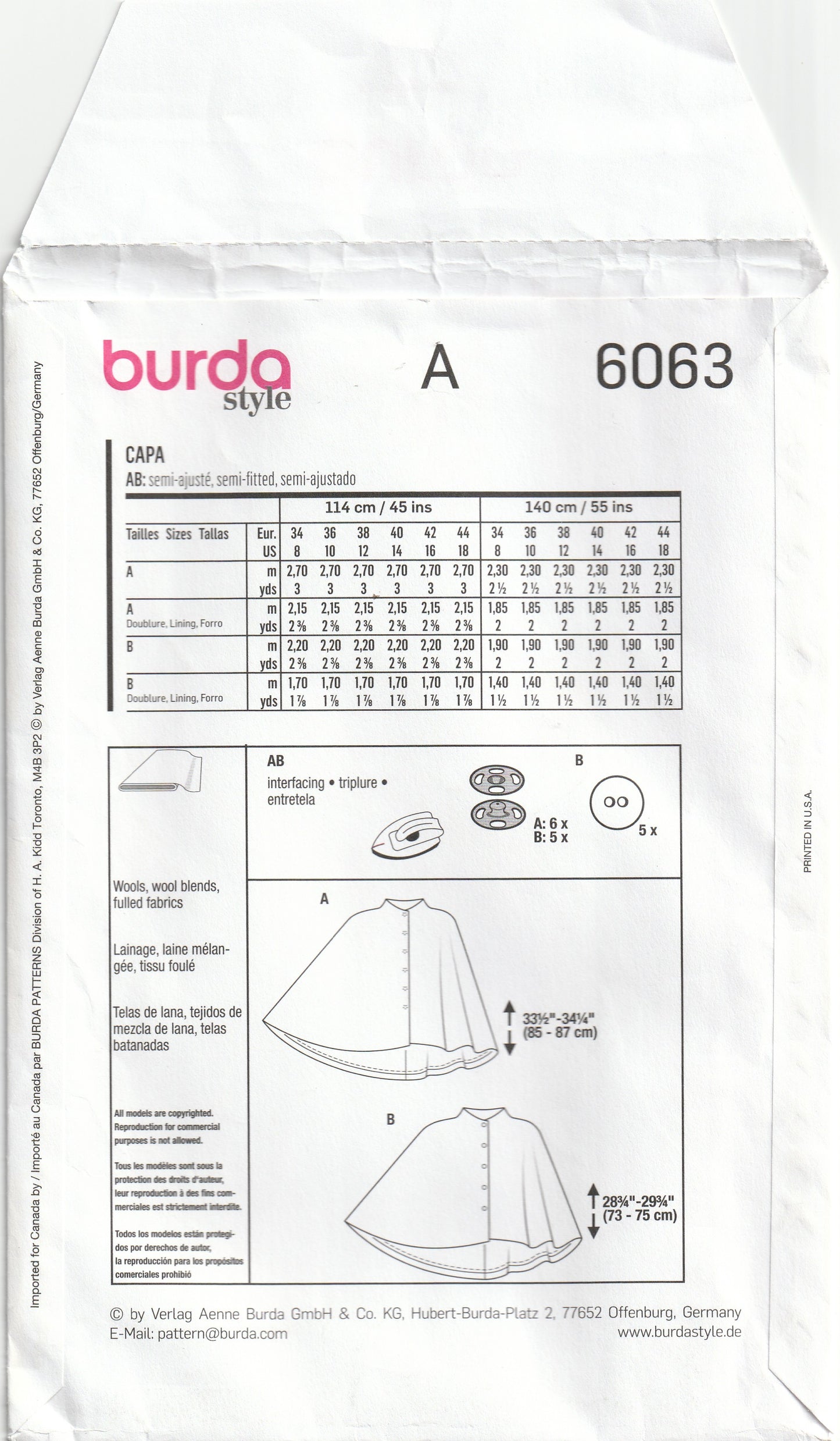 Burda Style 6063 Womens Funnel Neck Capes Out Of Print Paper Sewing Pattern Sizes 8 - 18 UNCUT Factory Folded