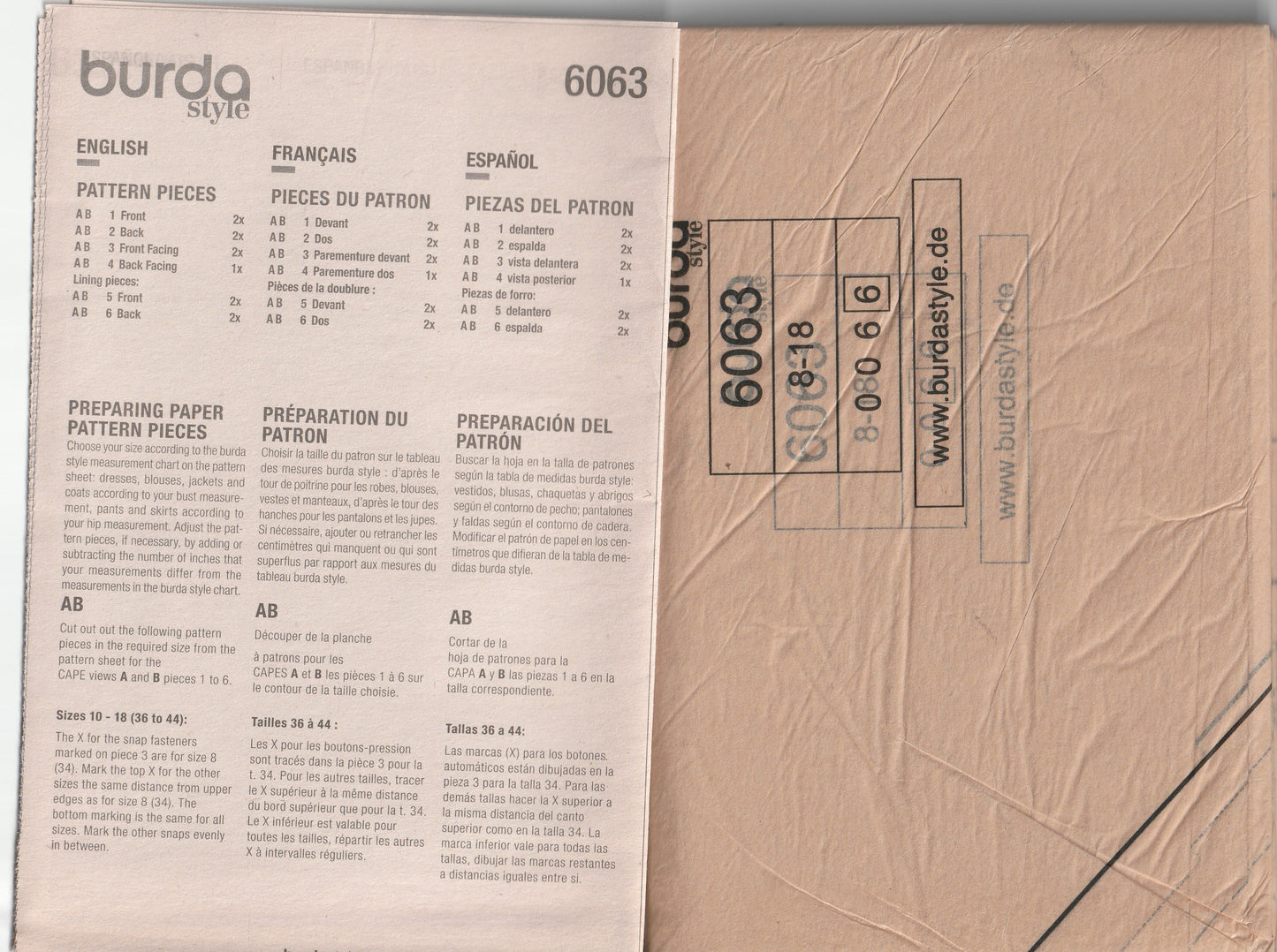 Burda Style 6063 Womens Funnel Neck Capes Out Of Print Paper Sewing Pattern Sizes 8 - 18 UNCUT Factory Folded