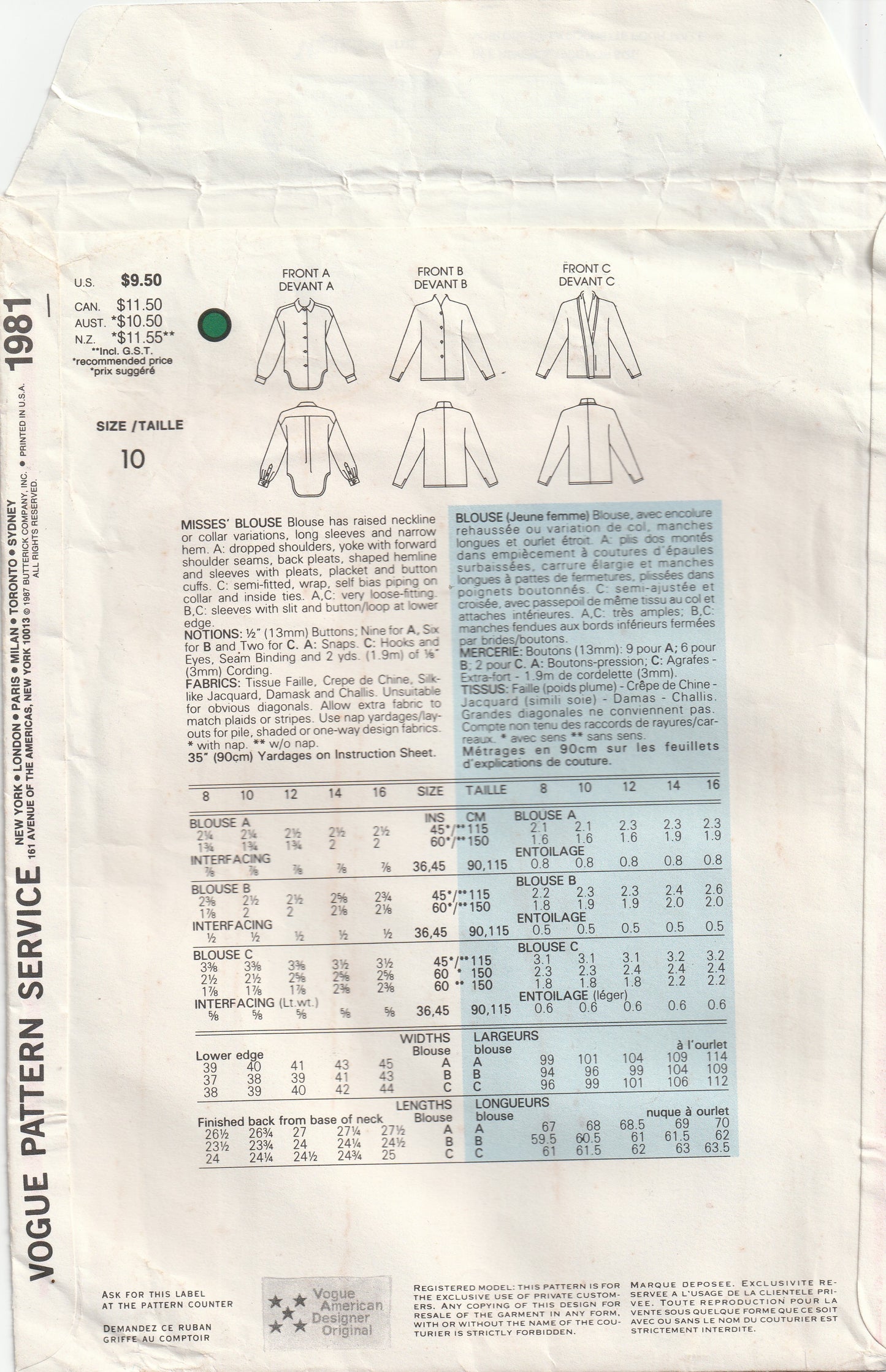 Vogue American Designer 1981 CALVIN KLEIN Womens Dolman Sleeved Blouse in 3 Styles 1980s Vintage Paper Sewing Pattern Size 10 Bust 32.5 Inches