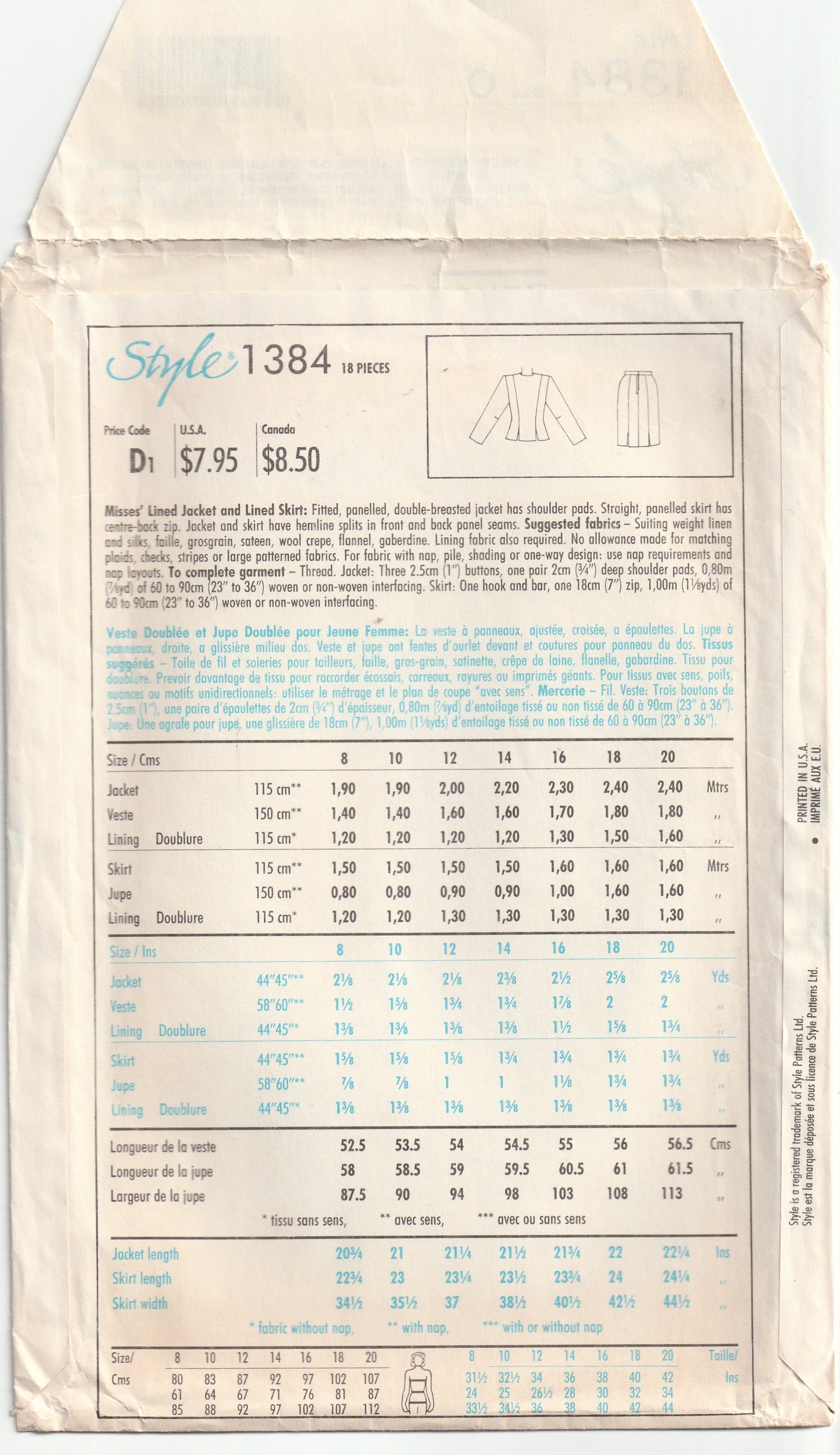 Style 1384 BRUCE OLDFIELD Womens Lined Cropped Jacket & Lined Slim Skirt 1980s Vintage Paper Sewing Pattern 12 - 16 UNCUT Factory Folded