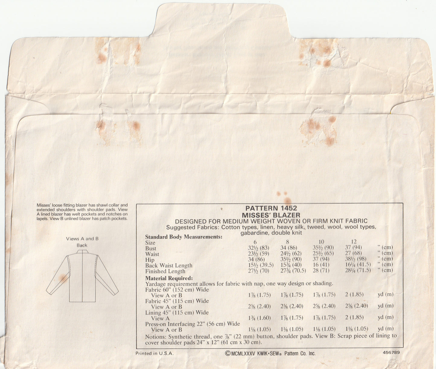 Kwik Sew 1452 Womens Blazer Style Jackets 1980s Vintage Paper Sewing Pattern Bust 32.5 - 37 inches UNCUT Factory Folded