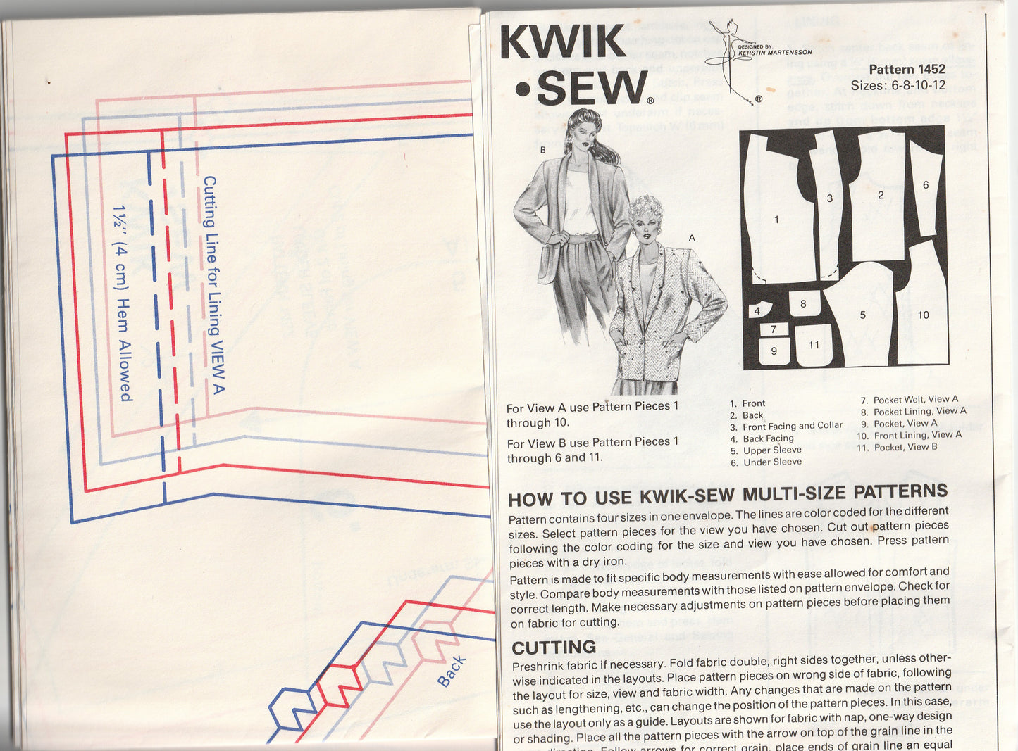 Kwik Sew 1452 Womens Blazer Style Jackets 1980s Vintage Paper Sewing Pattern Bust 32.5 - 37 inches UNCUT Factory Folded
