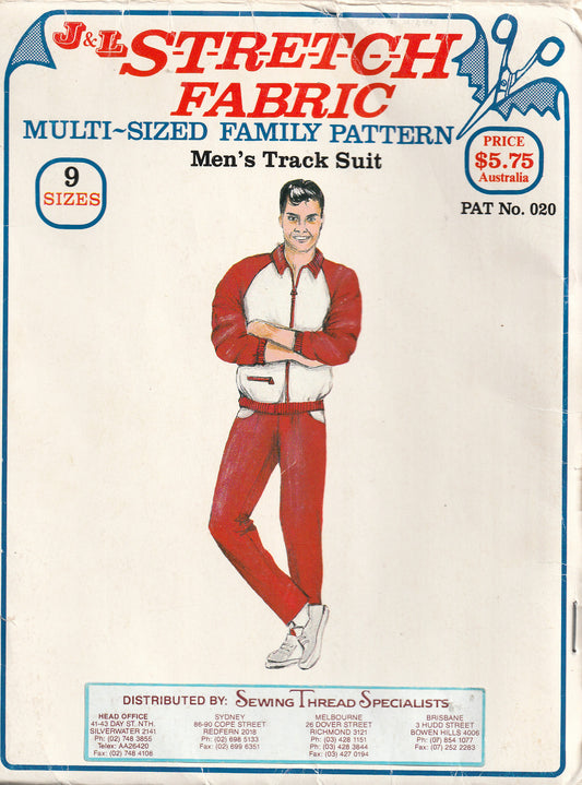 J & L Stretch Knit 020 Mens Classic Stretch Knit Tracksuit 1980s Vintage Paper Sewing Pattern Size 30 - 46 UNCUT Factory Folded