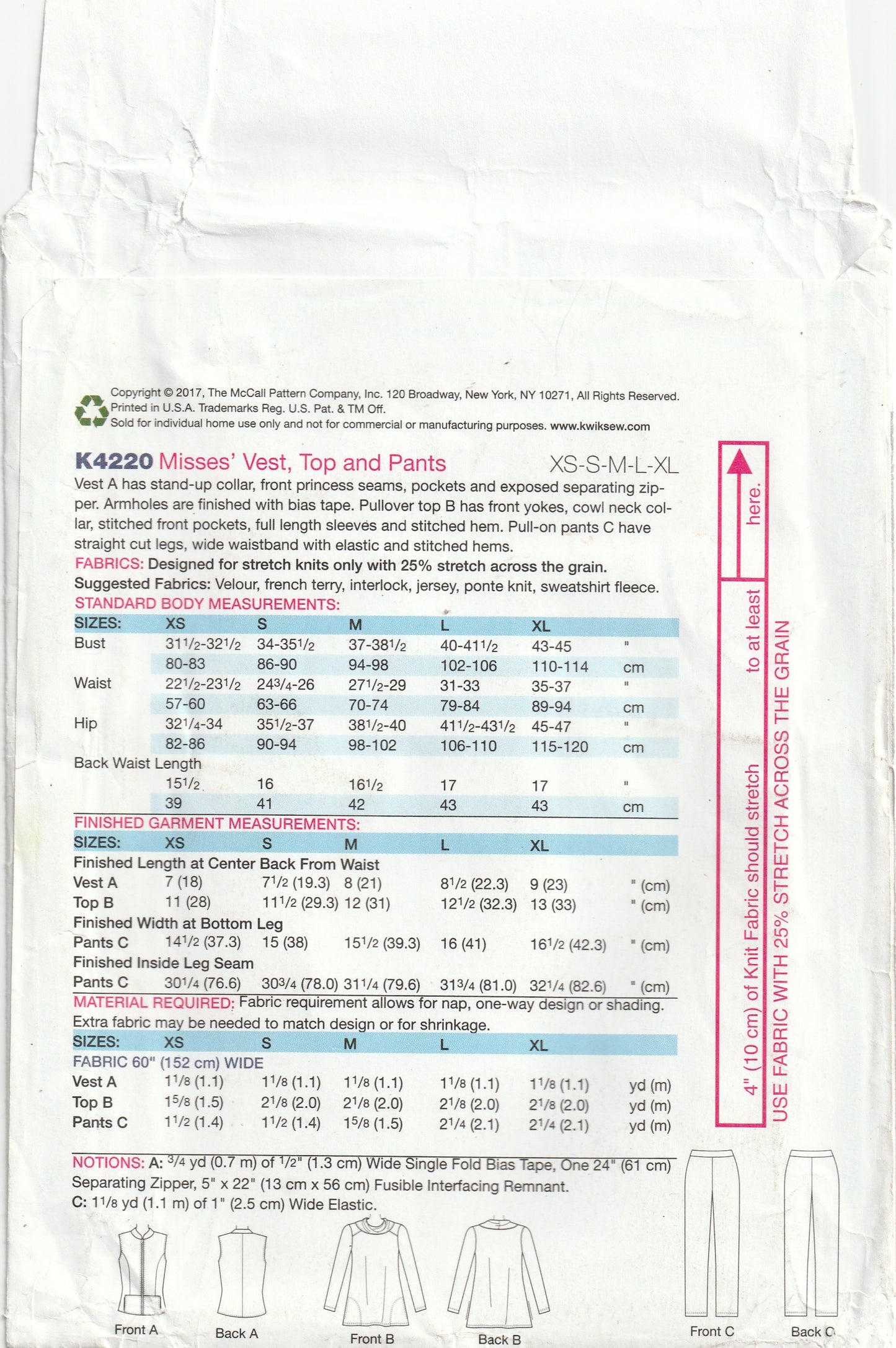 Kwik Sew 4220 Womens Stretch Knit Cowl Neck Top Vest & Pants Out Of Print Paper Sewing Pattern Size XS - XL UNCUT Factory Folded