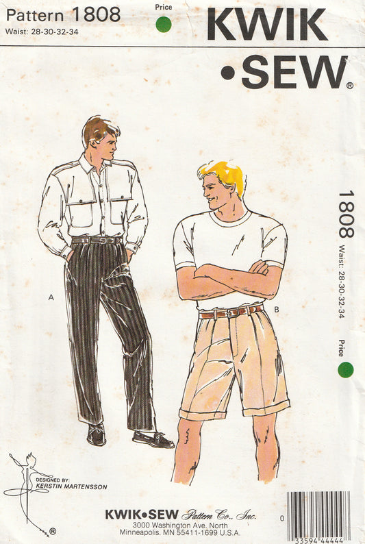 Kwik Sew 1808 Mens Casual Pleated Shorts & Pants with Pockets 1980s Vintage Paper Sewing Pattern Size S-XL UNCUT Factory Folded