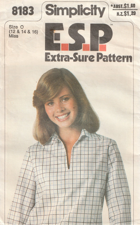 Simplicity 8183 Womens JIFFY Pullover Blouson Top 1970s Vintage Paper Sewing Pattern Size 12 - 18 UNCUT Factory Folded