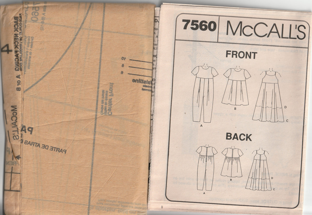 McCall's 7560 Maternity Jumpsuit Dress & Slip Dress 1990s Vintage Paper ...