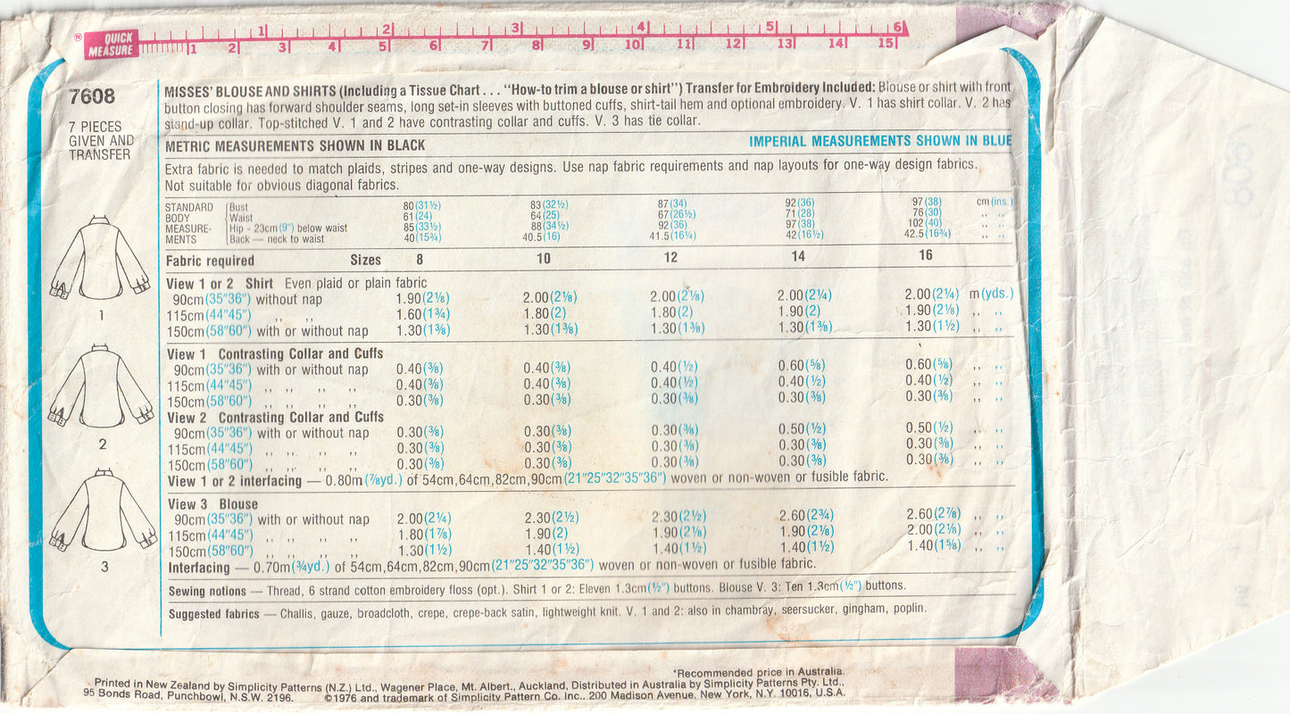 Simplicity 7608 Womens Classic Shirts with Monogram Embroidery Transfers 1970s Vintage Paper Sewing Pattern Size 12 Bust 34 Inches
