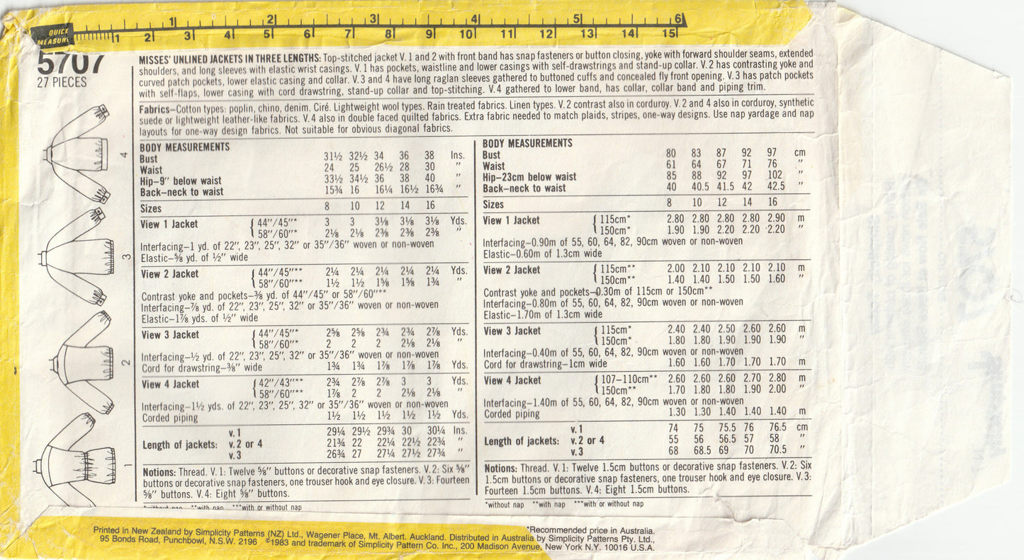 Simplicity 5707 Womens Casual Unlined Jacket in 3 Lengths 1980s Vintage Paper Sewing Pattern Size 14 Bust 36 Inches