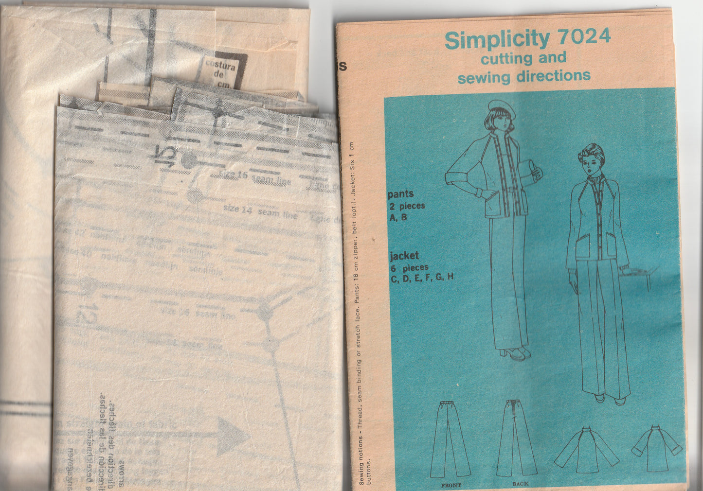 Simplicity 7024 Womens JIFFY Unlined Cardigan Jacket & Pull On Pants 1970s Vintage Paper Sewing Pattern Sizes 14 & 16
