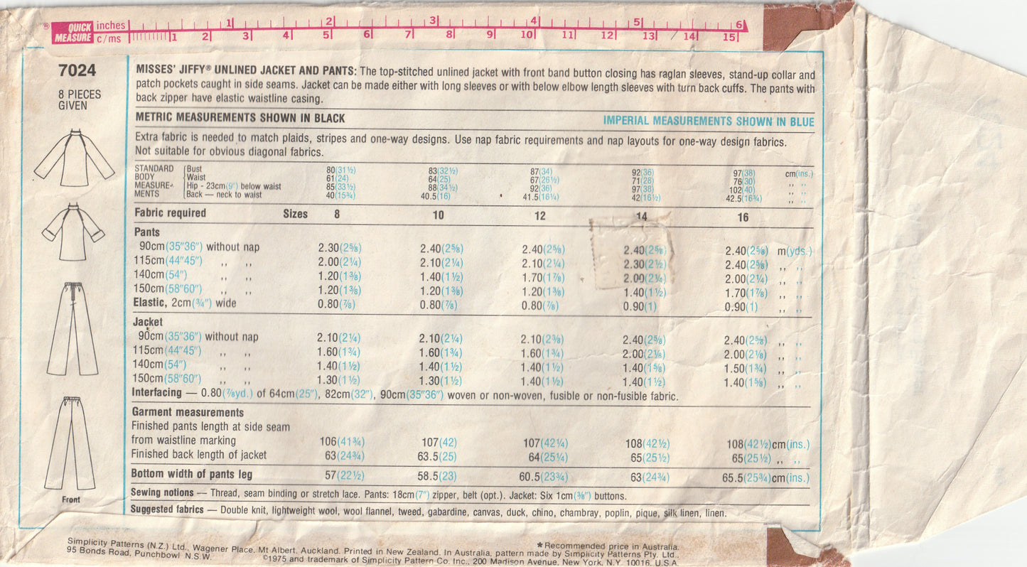 Simplicity 7024 Womens JIFFY Unlined Cardigan Jacket & Pull On Pants 1970s Vintage Paper Sewing Pattern Sizes 14 & 16