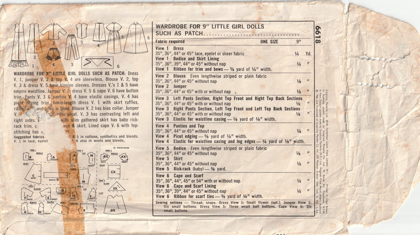Simplicity 6618 Wardrobe For 9 Inch Dolls 1960s Vintage Paper Sewing Pattern