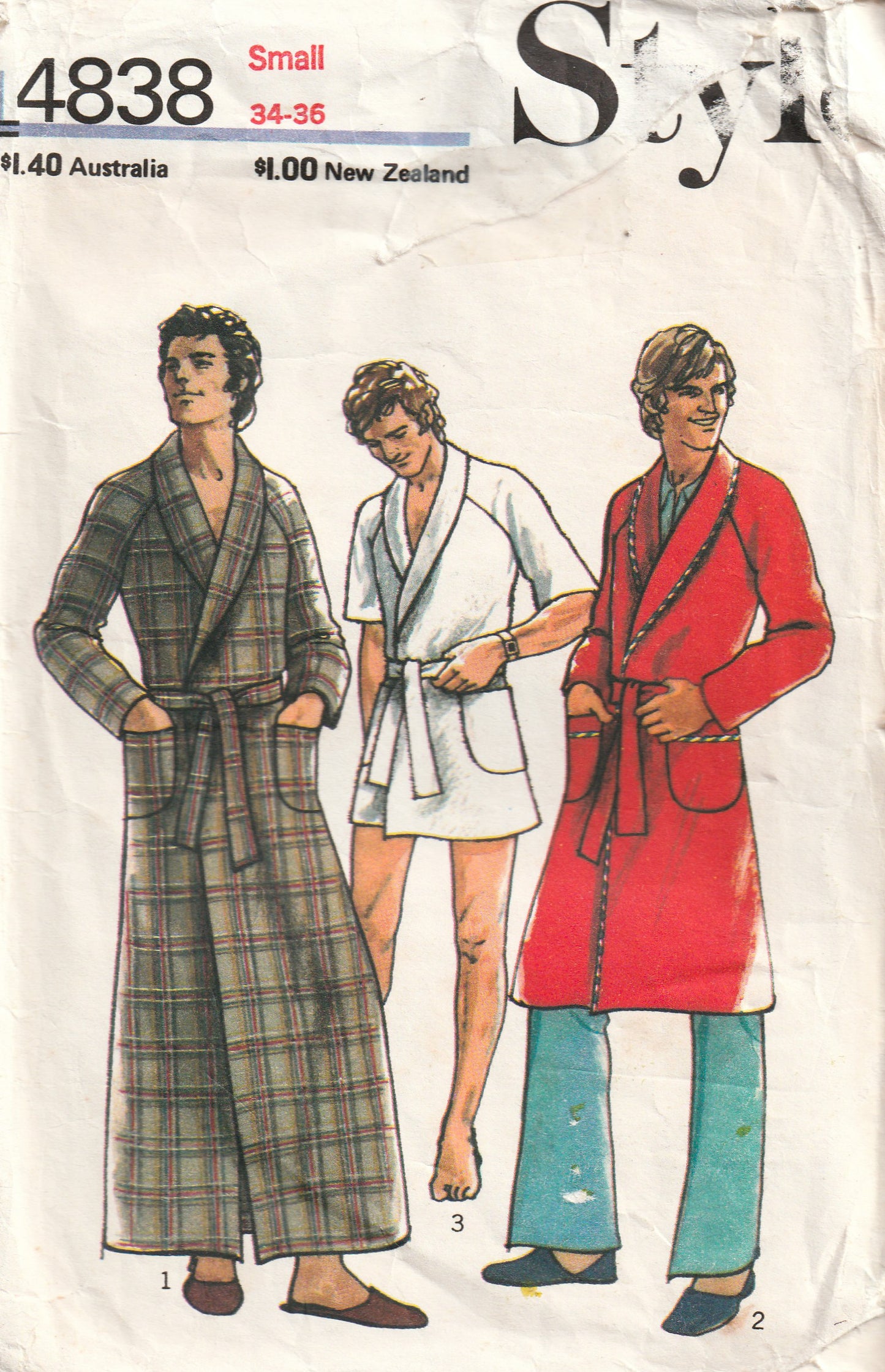 Style 4838 Mens Shawl Collar Robe Dressing Gown or Shave Coat 1970s Vintage Paper Sewing Pattern Chest 34 - 36 Inches