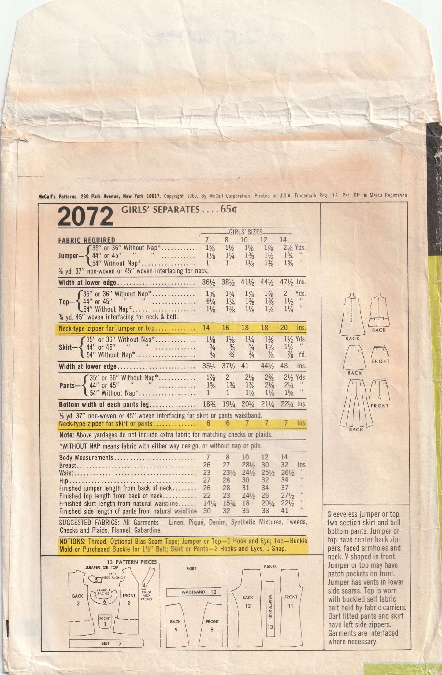 McCall's 2072 Girl's Separates Wardrobe 1960s Vintage Paper Sewing Pattern Size 7