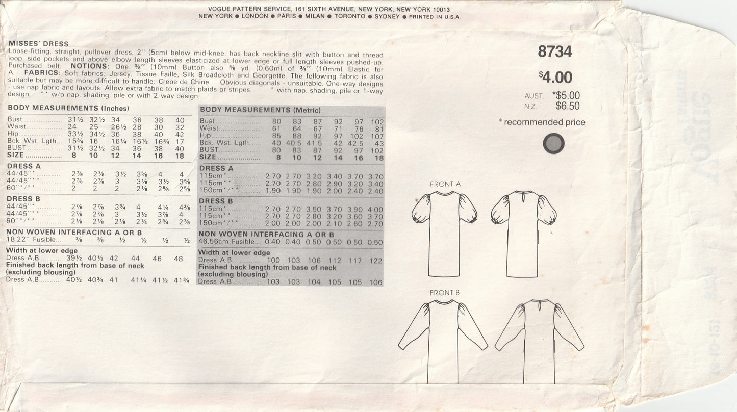 Very Easy Vogue 8734 Womens Evening Dress with Gathered Dolman Sleeves 1980s Vintage Paper Sewing Pattern Size 8 - 12
