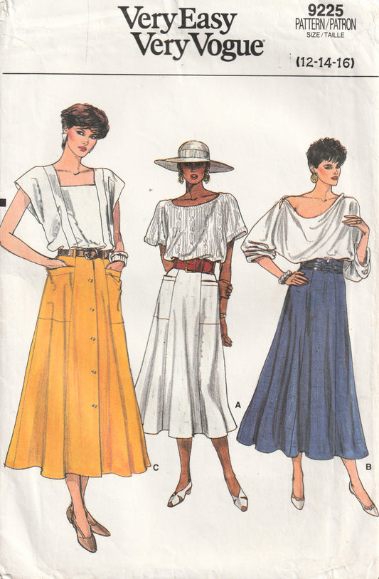 Very Easy Vogue 9225 Womens Panelled Skirts in 3 Styles 1980s Vintage Paper Sewing Pattern Size 12 - 16 UNCUT Factory Folded