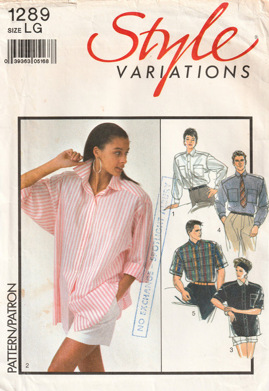 Style 1289 UNISEX Mens Womens Oversized Dolman Sleeved Shirts 1980s Vintage Paper Sewing Pattern Size 38 - 40 UNCUT Factory Folded