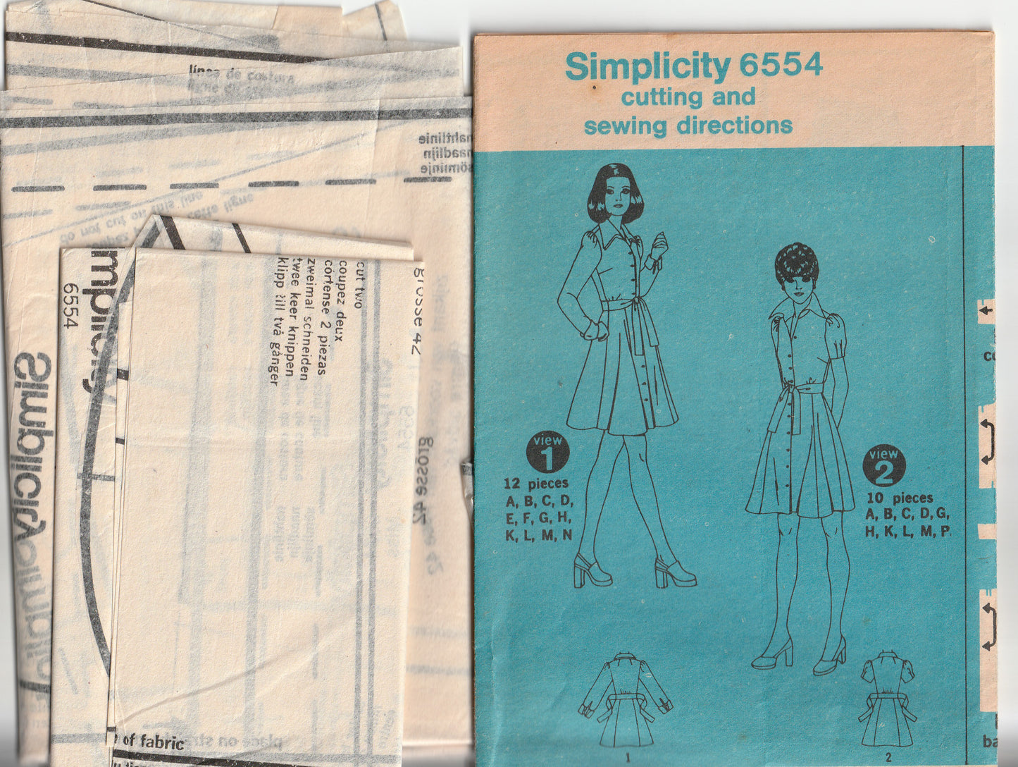Simplicity 6554 Womens Puff Sleeved Fit & Flared Shirtdress 1970s Vintage Paper Sewing Pattern Size 16 Bust 38 inches