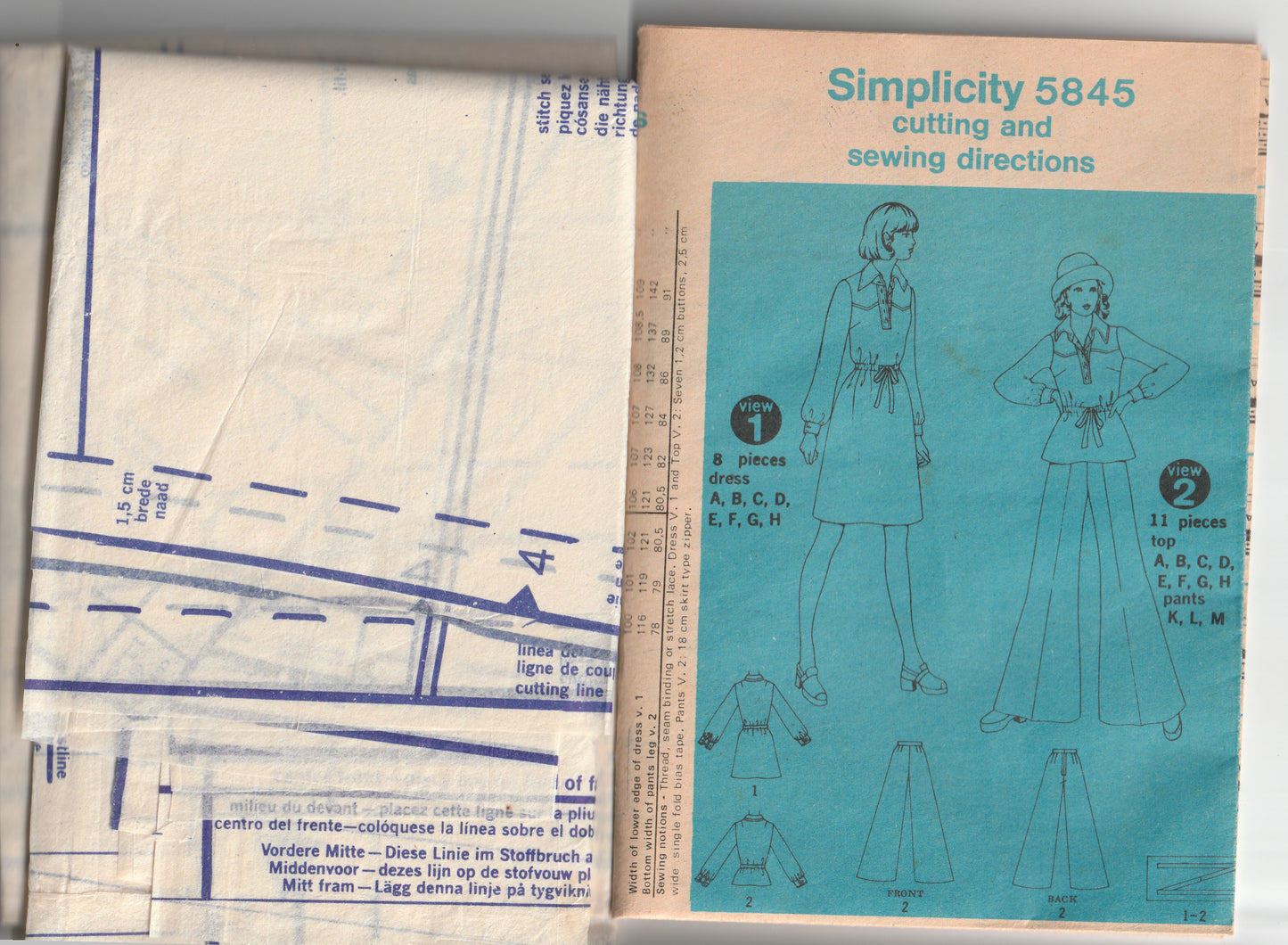Simplicity 5845 Womens Wide Collar Shirtdress Top & Very Wide Leg Pants 1970s Vintage Paper Sewing Pattern Size 12 Bust 34 inches