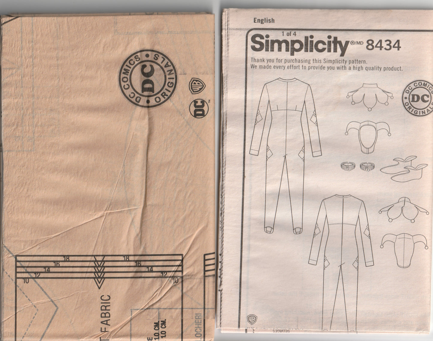 Simplicity 8434 Womens DC COMICS HARLEY QUINN Stretch Knit Jumpsuit Costume Out Of Print Paper Sewing Pattern Size 10 - 18 UNCUT Factory Folded