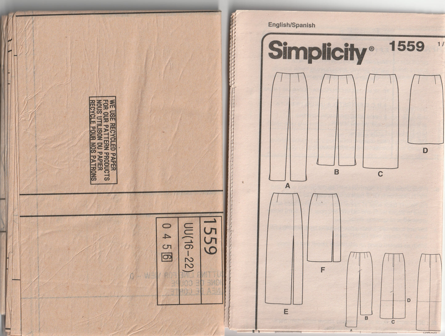 Simplicity 1559 Womens EASY Pencil Skirts & Straight Leg or Capri Pants Out Of Print Paper Sewing Pattern Size 16 - 22 UNCUT Factory Folded