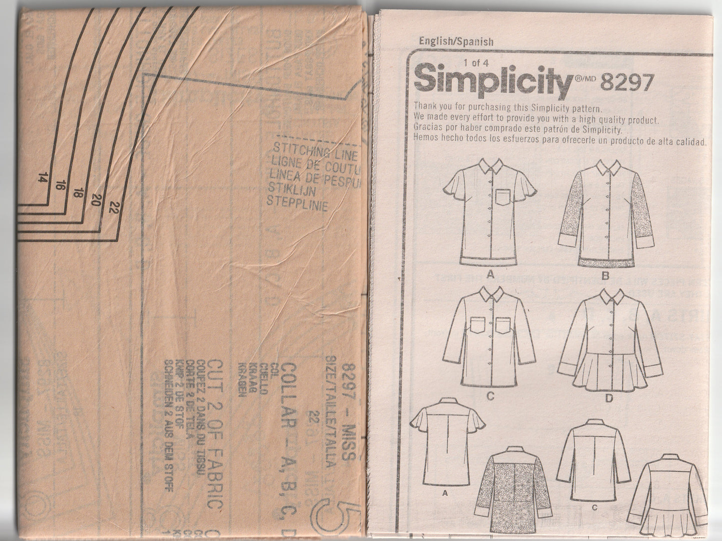 Simplicity 8297 Womens Button Down Shirts with Sleeve Variations & Optional Peplum Out Of Print Paper Sewing Pattern Size 14 - 22 UNCUT Factory Folded