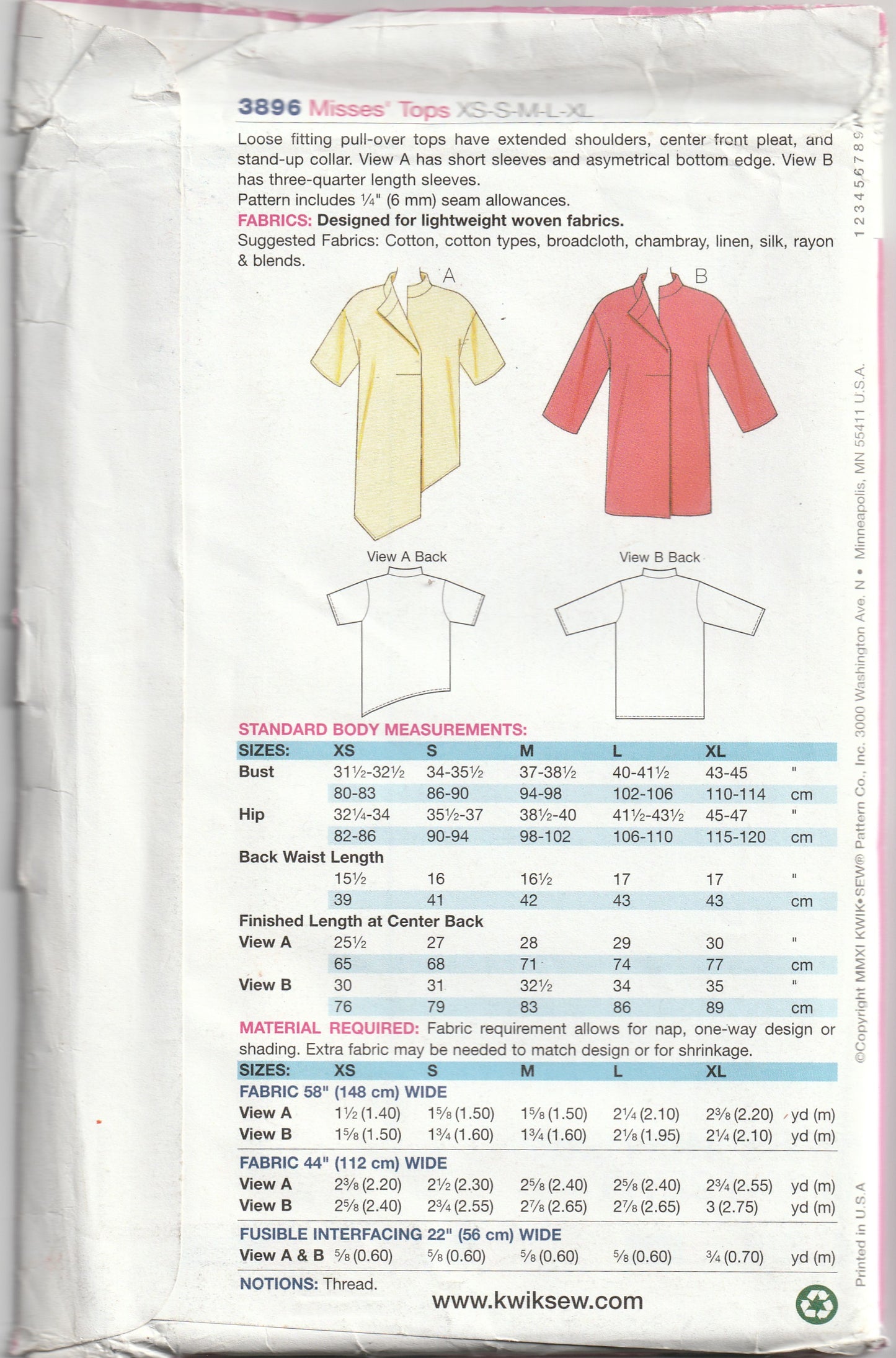 Kwik Sew 3896 Womens Loose Fitting Asymmetric Pullover Tops Out Of Print Paper Sewing Pattern Size XS - XL UNCUT Factory Folded