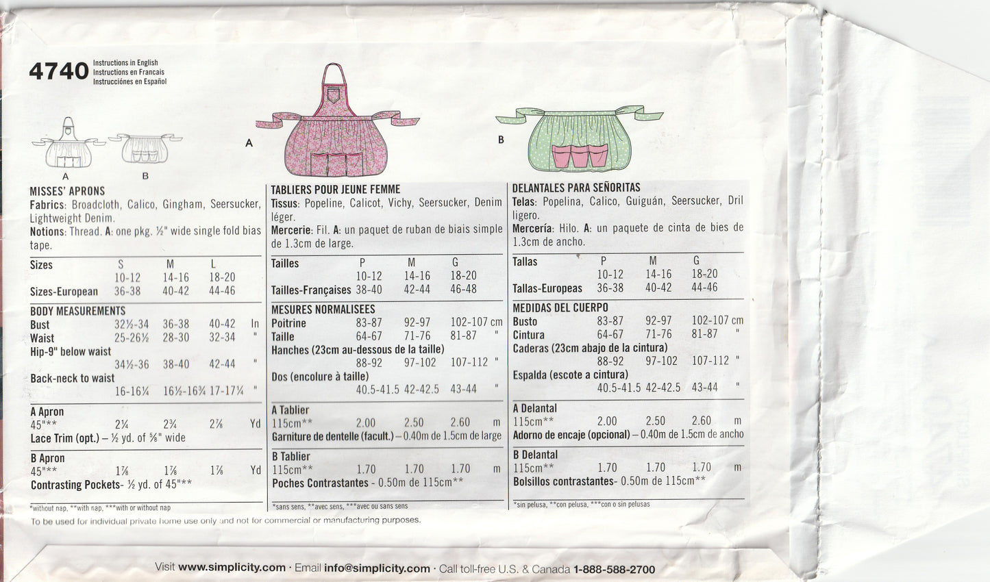 Simplicity 4740 Womens EASY Full or Half Kitchen Aprons Out Of Print Paper Sewing Pattern Size 10 - 20 UNCUT Factory Folded