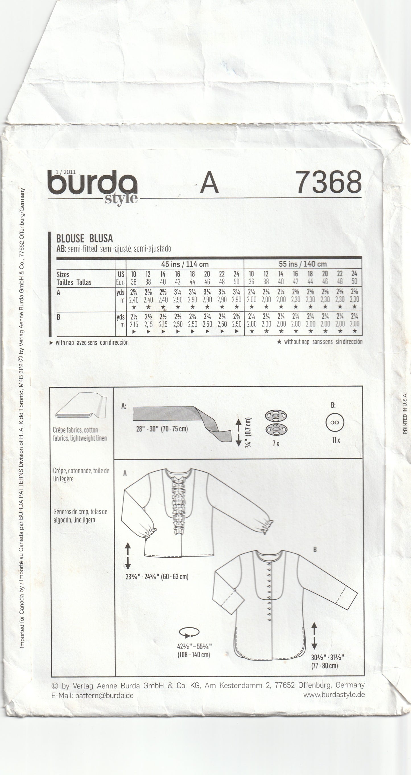 Burda Style 7368 Womens Top & Tunic with Seam Interest or Ruffles Out Of Print Paper Sewing Pattern Sizes 10 - 24 UNCUT Factory Folded
